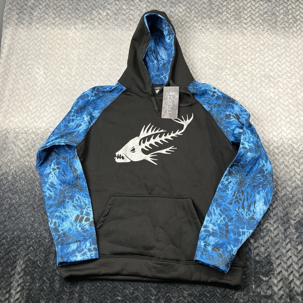 Prym1 Camo Hoodie Black Blue Mens L Polyester Pullover Hoodie Fish Skull NEW!!!